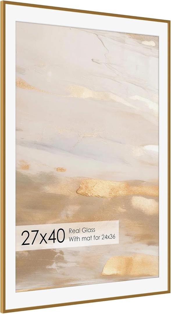 27x40 Metal Picture Frame with 24x36 Mat, Brushed Aluminum Finish, Tempered Glass Front, and Attached Hanging Hardware - Wall Display Frames for Vertical or Horizontal Orientation - Bronze