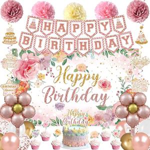 Holkcog Flower Birthfday Party Decorations for Girl, Pink Florals Ballons Banner Background, Cake Tppper, Garden Tea Party Banner Supply, Rose Gold 16th 21st 30th 40th 50th 60th 70th Party Decor