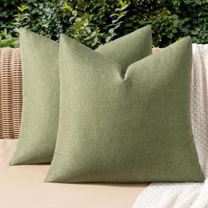 MIULEE Pack of 2 Decorative Outdoor Solid Waterproof Throw Pillow Covers Faux Linen Garden Farmhouse Cushion Cases for Patio Tent Balcony Couch Sofa 18x18 Inch Dark Green