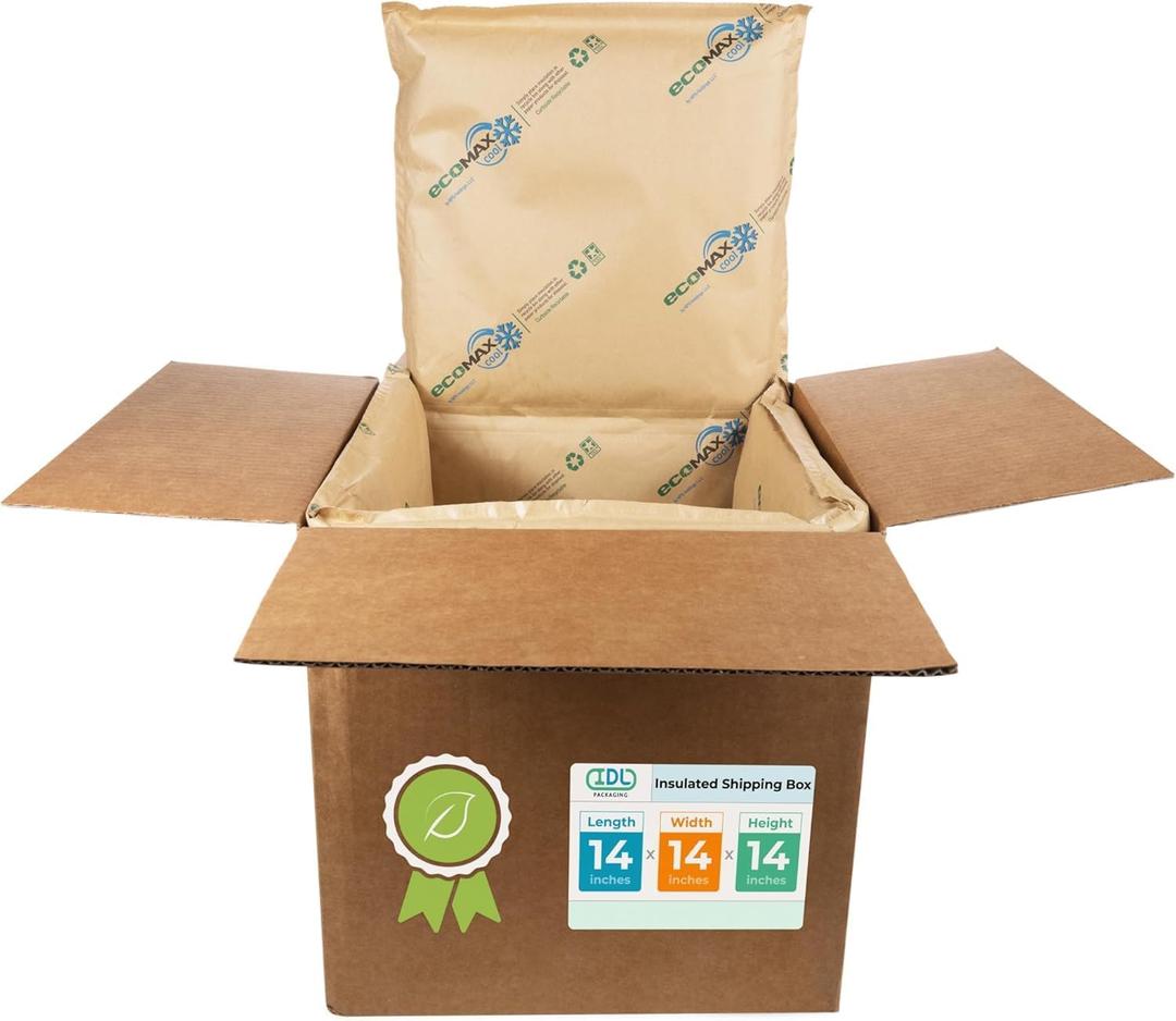 IDL Packaging 14" x 14" x 14" Insulated Shipping Box (USA-Made, 5.8-Gallon Capacity), Pack of 1 - Includes EcoMax Thermal-Paper Liners, Absorb Condensation - For Frozen Food, Meat, or Fish