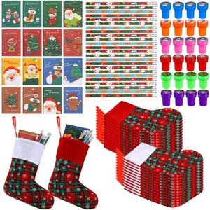 96 Pcs Christmas Stationery Party Favors Xmas Bulk Gifts Stuffers Includes Small Christmas Stockings Pencils with Erasers Stampers Notebook for Xmas Gift Exchange Prize