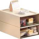2PACK Stackable Desktop Storage Organizer Plastic Desk Organizer with Drawer Stacking Drawer for Pantry, Locker, Makeup, Vanity, Garage and Small Organization(M - 1 Drawer, Cream White)