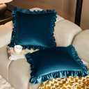 KKJIAF Teal Velvet Throw Pillow Covers 18 x 18 Inch Set of 2, Ruffle Euro Pillow Shams Velvet Square Pillow Case for Sofa Bedroom Couch Decorative