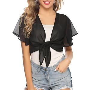 iClosam Women Tie Front Chiffon Shrug Short Sleeve Cropped Sheer Bolero Shrug Cardigan L