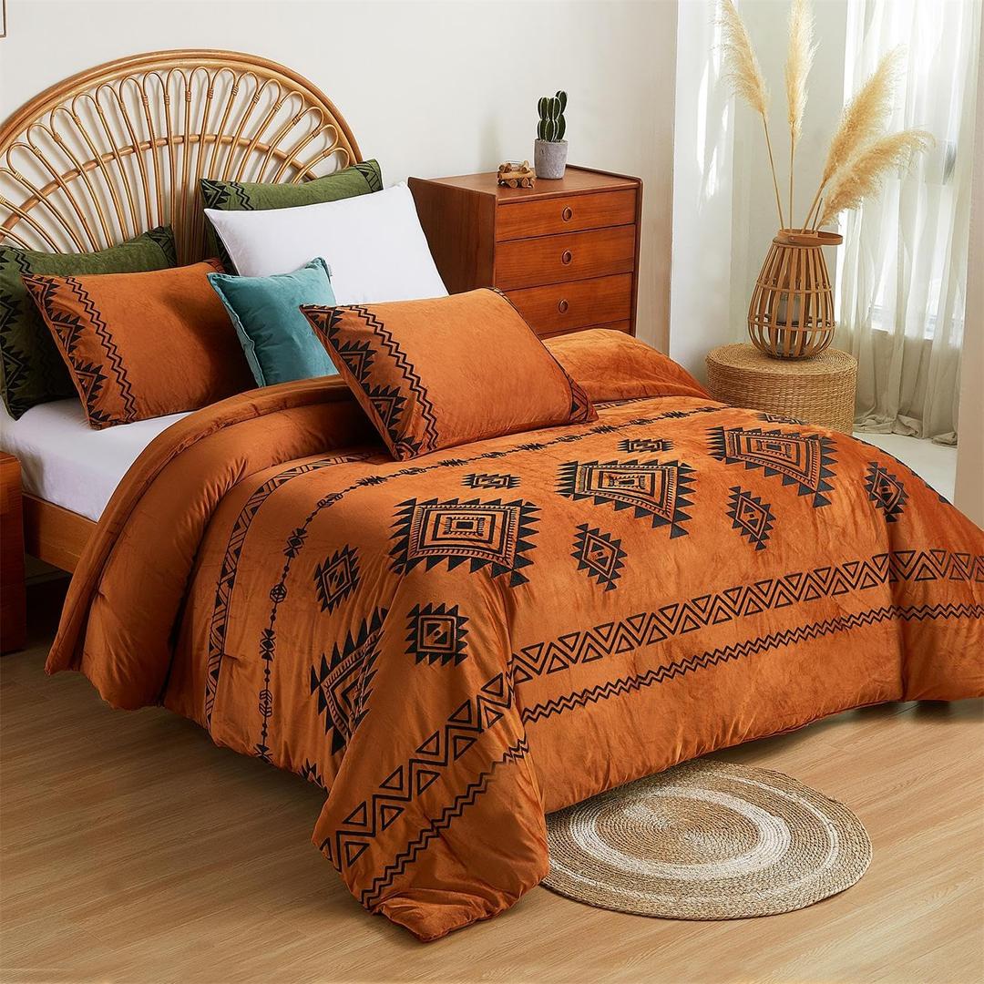 Cmfshape Luxurious Velvet Comforter Set Double-Sided,Bohemian Embroidered Burnt Orange Bedding,Ultra Soft Lightweight 3-Piece Set,Queen 90"x90"