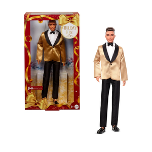 Barbie Signature 2025 Holiday Light Brown Hair Ken Collectible Fashion Doll Wearing Full Suit with Golden Jacket in Displayable Packaging & Doll Stand