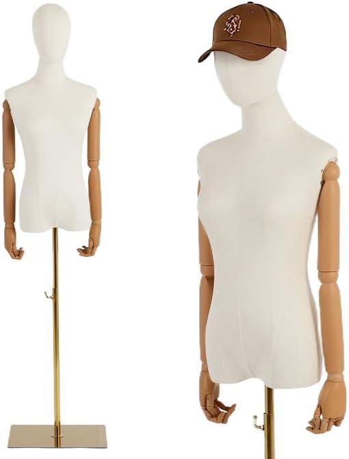 Dress Form with Head and Posable Wood Arms, Height Adjustable Mannequin Torse Body, Female Clothing Display Model with Metal Base