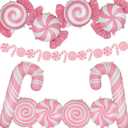 11 Pcs Christmas Candy Balloons Set Candy Cane Banner Candys Cane Mylar Balloons Xmas Gingerbread Winter Sweet Candies Theme Candyland Birthday Christmas Party Decor Supplies Pink