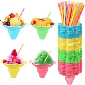 Boao 200 Pcs 4oz Colorful Flower Snow Cone Cups with Spoon Straws Flower Shaped Ice Cream Snacks Cup Plastic Shaved Ice Cream Bowls for Kids Birthday Summer Holiday Party, Easy Grip(5.7 Inch)