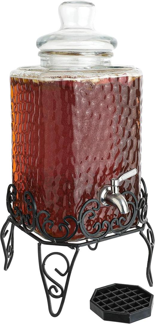 2.5 Gallon Glass Beverage Dispenser with Stand & Stainless Steel Spigot Large Mason Jar Drink Dispenser for Sun Tea, Kombucha, Iced Tea, Lemonade, Sangria & Cold Drinks