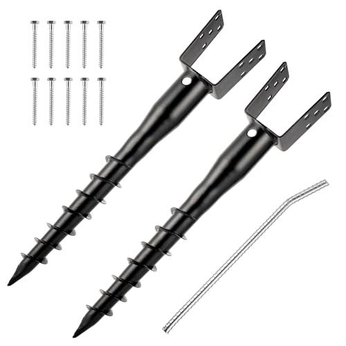 XYADX No Dig Ground Screw Anchor - Black U Shaped Post Stake for 4x4 Wood Posts, Includes Lag Bolts & 27" Rebar, for Mailbox Posts and Fence Posts Anchor, 2 Pack
