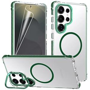 FZXSOGY for Samsung Galaxy S25 Ultra Case, Compatible with MagSafe Wireless Charger, Shockproof Clear Phone Case & Built-in Ring Holder Kickstand with Soft TPU Screen Protector [Green]