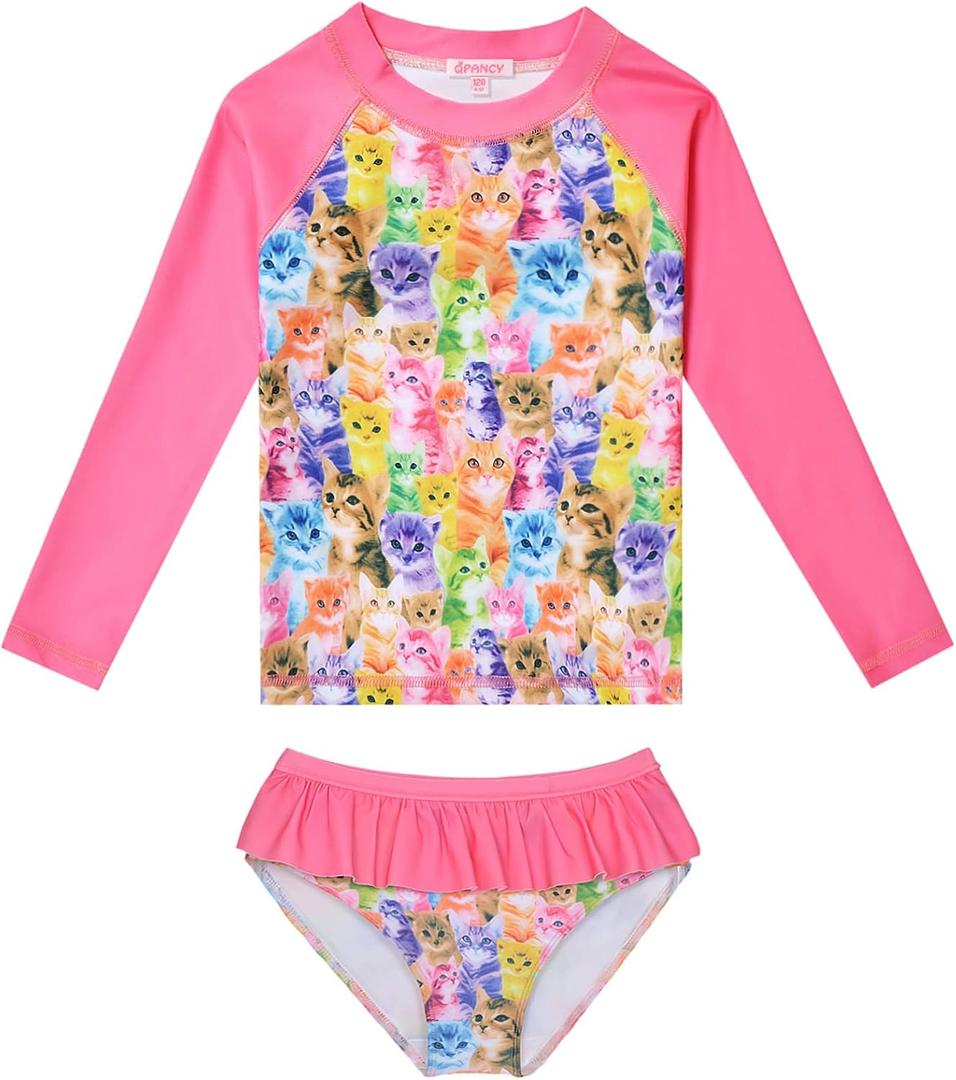 QPANCY Girls Rash Guard Swimwear Swimsuit Bathing Suits UPF 50+ Sun Protection (10-11 Years, Cat)