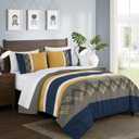 Chezmoi Collection Jaxson Bed in a Bag Queen Size 7-Piece Comforter Set with Sheets Modern Pleated Stripe Embroidered Navy/Gray/Yellow/White Zigzag Lightweight All Season Bedding