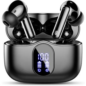 Wireless Earbuds, Bluetooth 5.4 Headphones Bass Stereo, Ear Buds with Noise Cancelling Mic, LED Display in Ear Earphones Clear Calls, IP7 Waterproof Bluetooth Earbuds for Phones/Sports/Laptop, Black