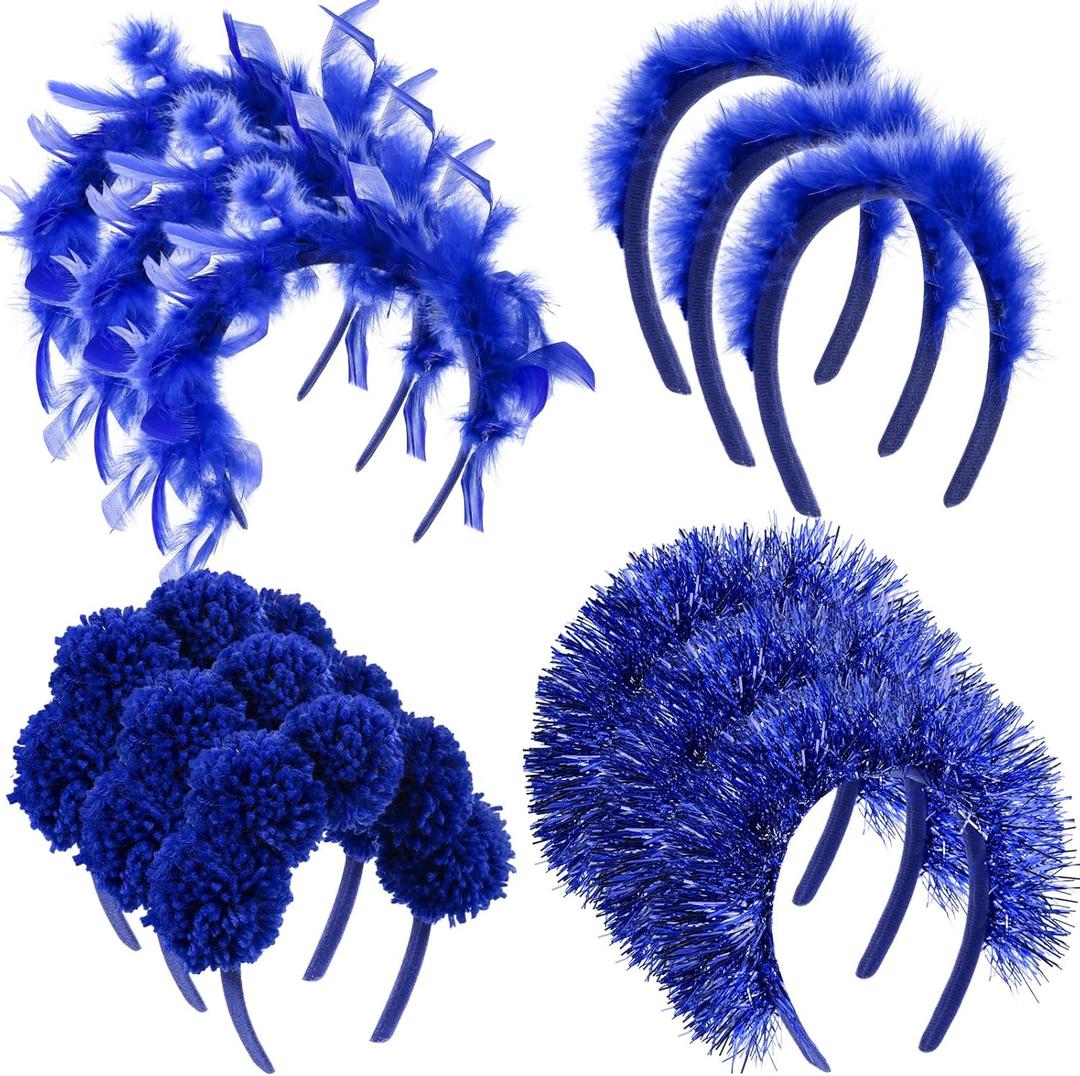 12 Pcs St. Patrick's Day Pom Pom Headbands Fuzzy Fluffy Yarn Feather Tinsel Spirit Party Headwear for Birthday (Blue)