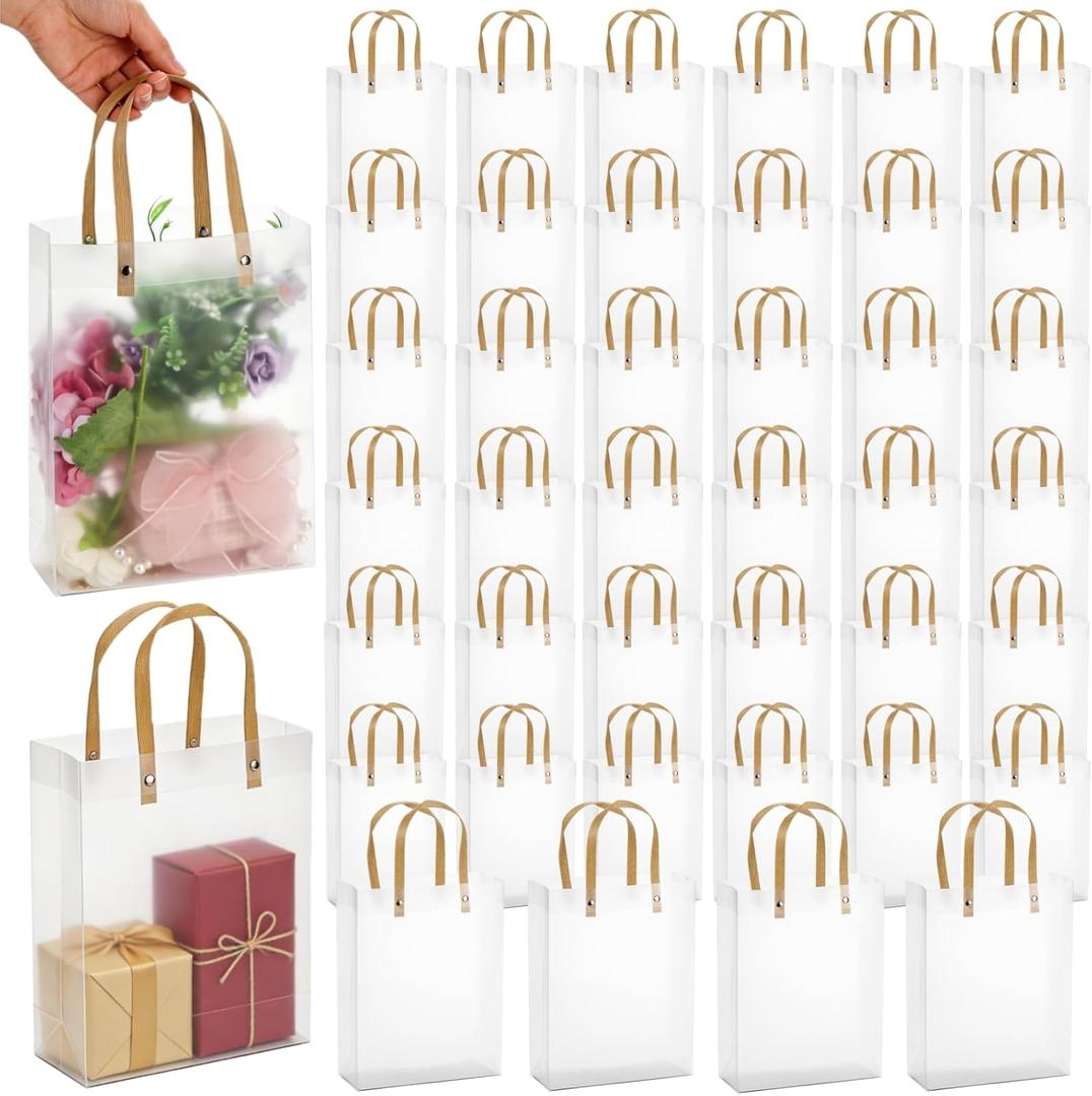 Cididu 40 Pieces Clear Gift Bags with Handles, White Frosted PVC Candy Bags 8''x3''x10'', Reusable Translucent Wrap Tote Boutique Bags for Mother's Day Wedding Shopping Party, Tear Resistant