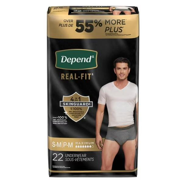 Depend Real Fit Adult Diapers, Incontinence Underwear for Men, Disposable, Maximum Absorbency, Small/Medium, Grey, 22 Count, 