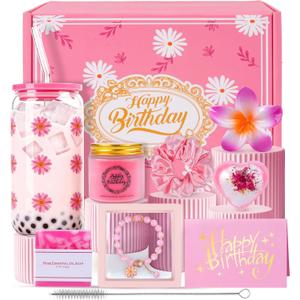 Happy Birthday Gifts for Women, Girls, Pink Birthday Gift Basket for Women, Birthday Gifts Basket for Her, Mom, Sister, Best Friend, Wife, Girlfriend, Coworker, Floral Daisy Glass Cup