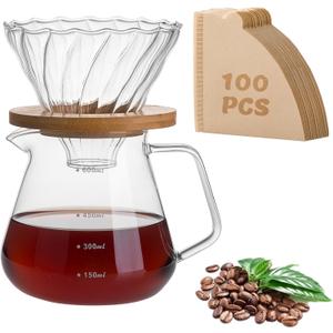 shoxil Pour Over Coffee Maker Set  Drip Coffee Pot with bamboo Handle, Glass Coffee Dripper & 100 Filters, 20oz/600ml Capacity (Square)