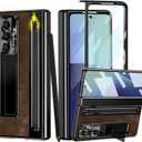 for Samsung Galaxy Z Fold 7 Case with S Pen Holder & Stylus Pen, Full Coverage Retro Leather Phone Case with Kickstand HD Screen Protector Anti-Scratch Protective Cover for Z Fold 7 Coffee