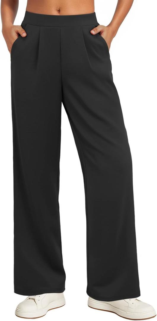 Feiersi Women Stretchy Wide Leg Pants Soft Elastic High Waisted Casual Palazzo Pants Trousers with Pockets (Black, Small)