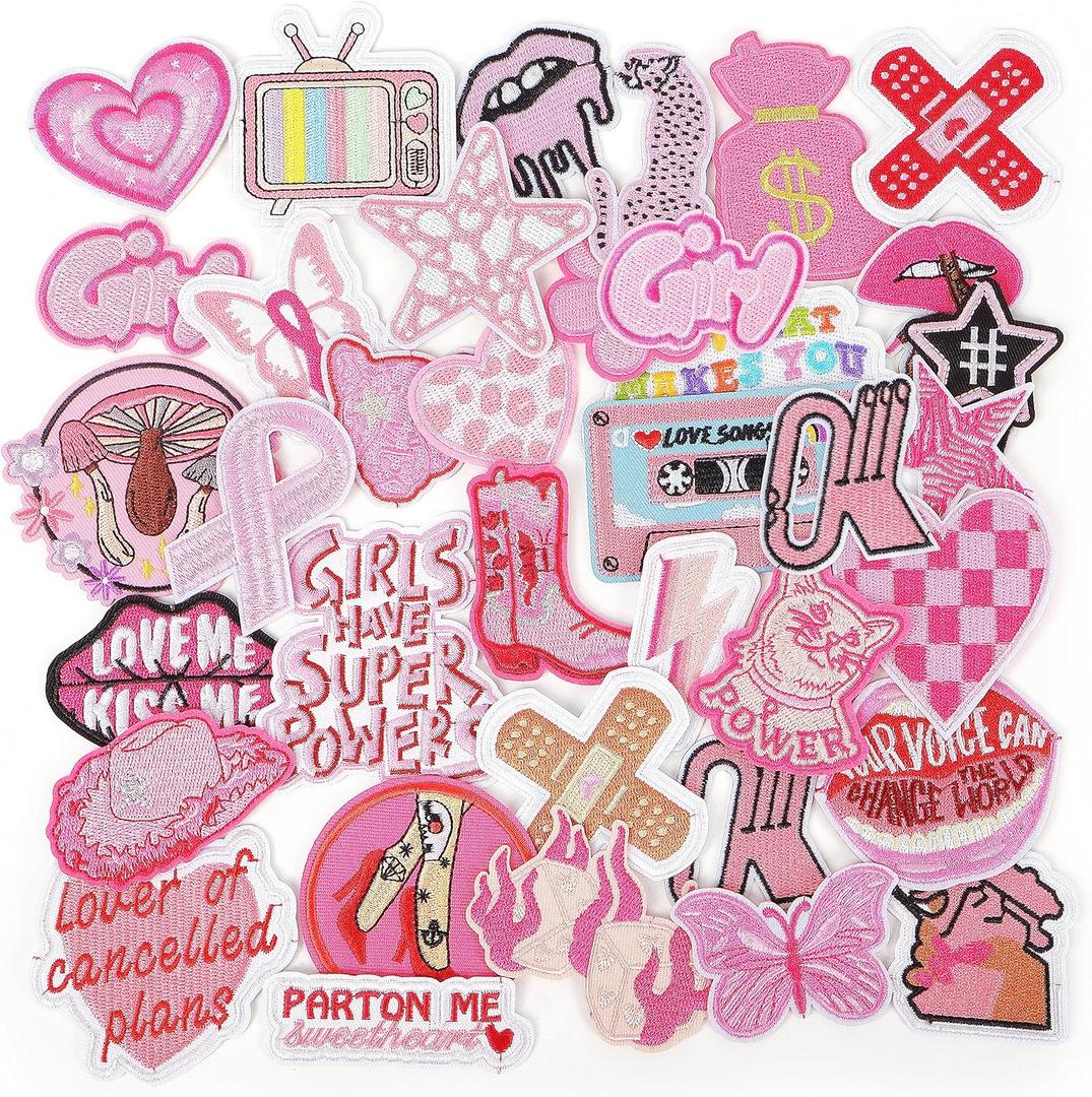 NICEVINYL Embroidered Preppy Iron on Patches: 35PCS Pink Embroidery Sew on Applique Patch for Clothing