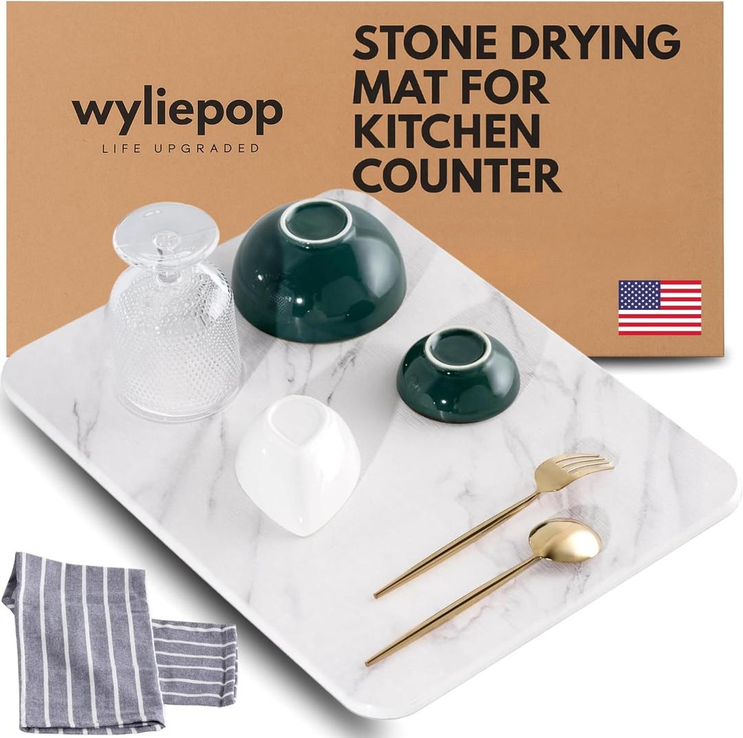 Stone Drying Mat for Kitchen Counter  Diatomaceous Earth Dish Drying Stone (White Marble)  Modern Countertop Drying Rack  Water Absorbent, Heat Resistant, Non-Slip Kitchen Mat with Towel (16"x12")