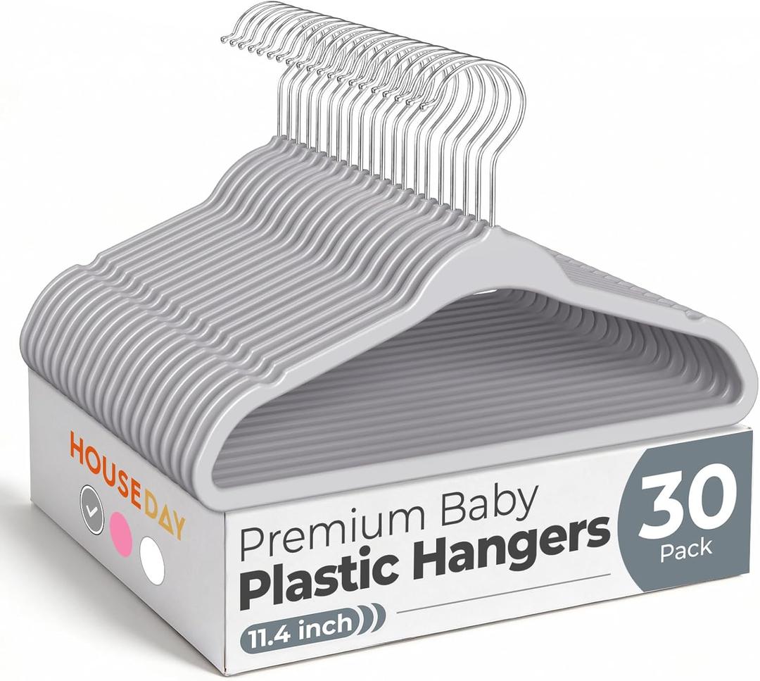 HOUSE DAY 11.4 Inch Baby Hangers 30 Pack - Plastic Kids Hangers Space Saving Thin Profile, Children Closet Organizers with Rotatable Hook of 360, Heavy Duty for Toddler Clothes Nursery - Gray