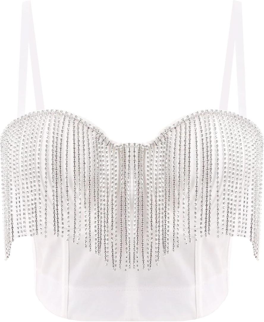 Erinaco Women's Rhinestone Diamond Tank Top Color Beaded Sling Tube Top Bustier Vest Crop Top Sexy Corset Bra Summer (White, L)