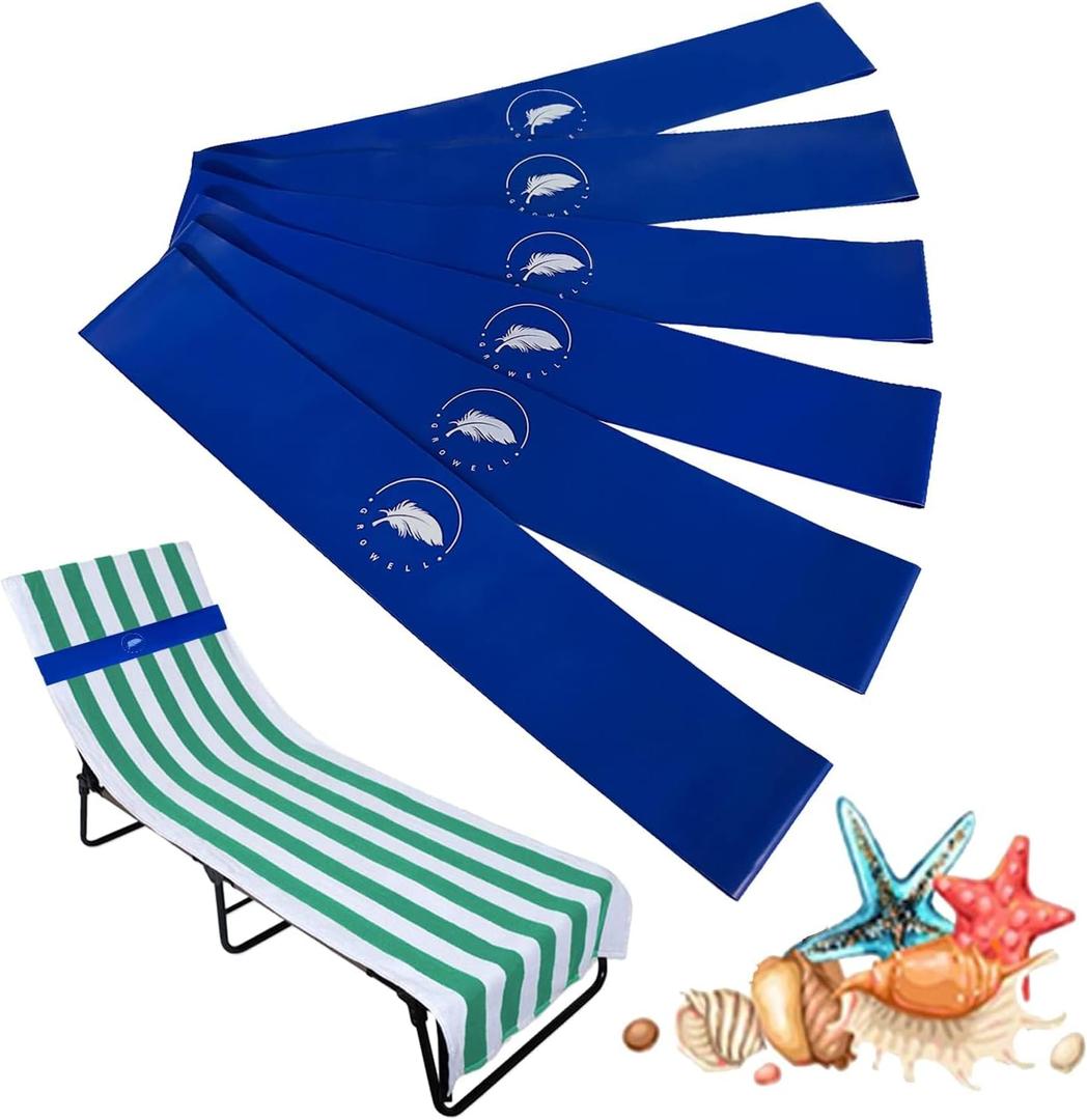 Towel Bands (6 Pack) - Stretch Beach Towel Clips for Beach Cruise Pool Chairs, Lounge Towel Holder Elastic, Cruise Ship Essentials (Blue New)