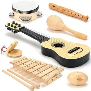 Wooden Kids Musical Instruments - Kids Musical Toys for Toddlers 1-3 - Toddler Learning Toys Music Set Kids Guitar Maracas Toddler Xylophone Tambourine Castanet Egg shaker Recorder instrument for kids