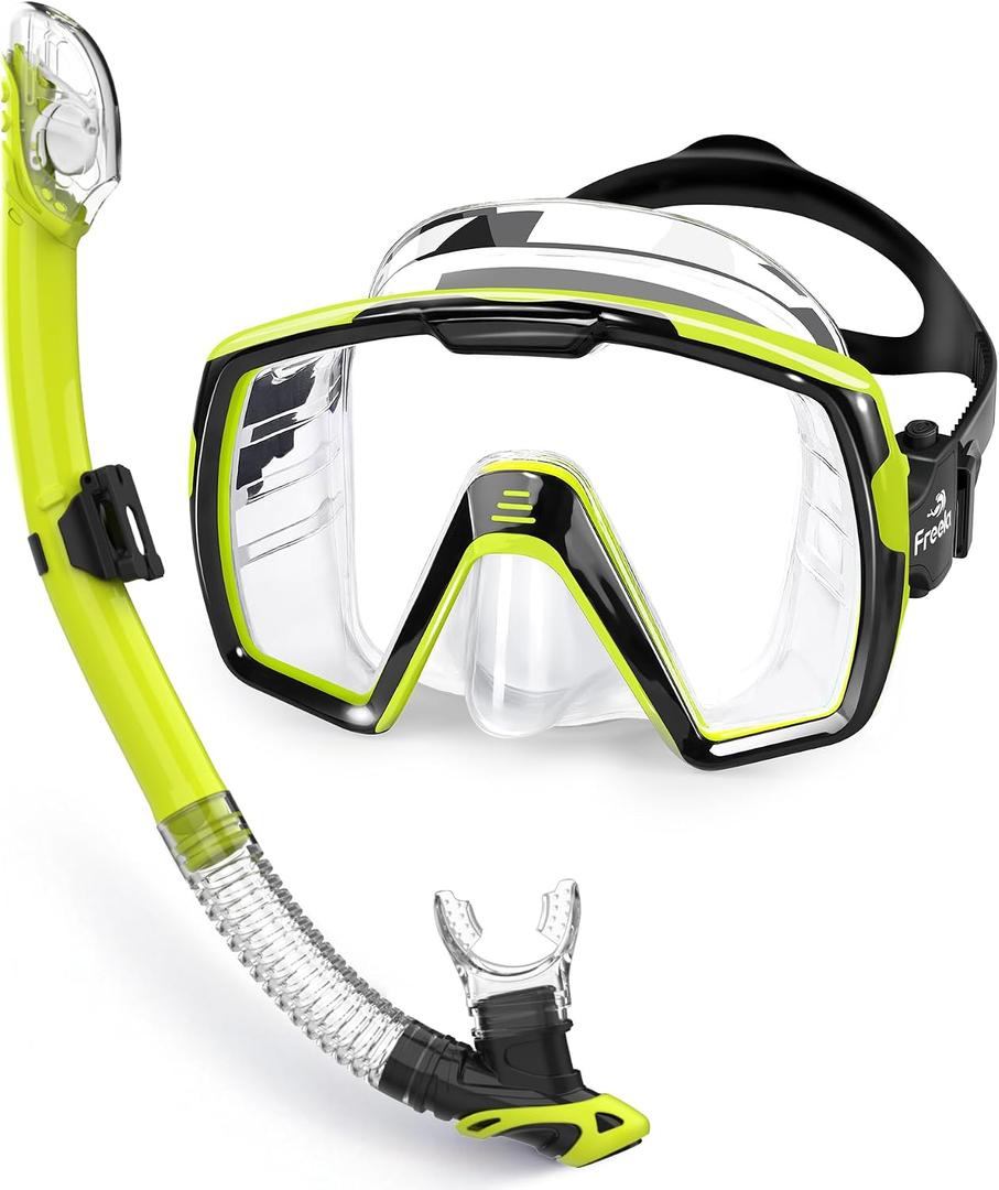 Freela Adult Dry Snorkel Set with Mirrored Lens Anti-Fog 180 Wide View Anti-Fog, Scuba Diving Mask with Nose Cover, Snorkeling Gear for Men Women
