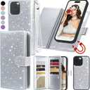 Varikke for iPhone 13 Pro Max Wallet Case Detachable with Card Holder for Women, Fashion Glitter PU Leather Strap Magnetic Flip Wallet Removable Phone Case Cover for iPhone 13 Pro Max 6.7", Silver