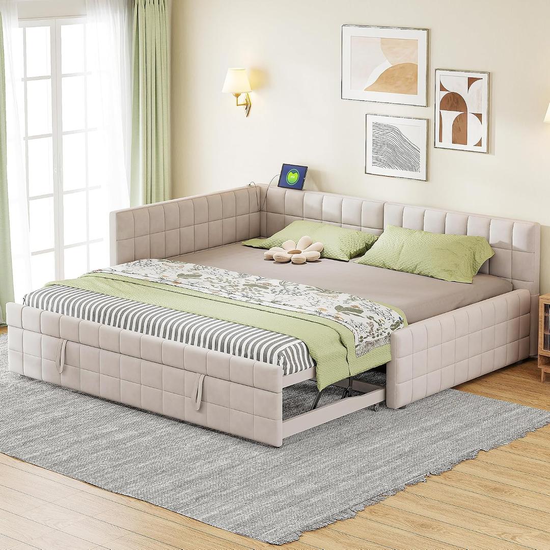 Merax Full Size Upholstered L-Shaped Daybed with Twin Size Pop Up Trundle and USB Ports, Modern Square-Block Design, Soft Backrest, Beige