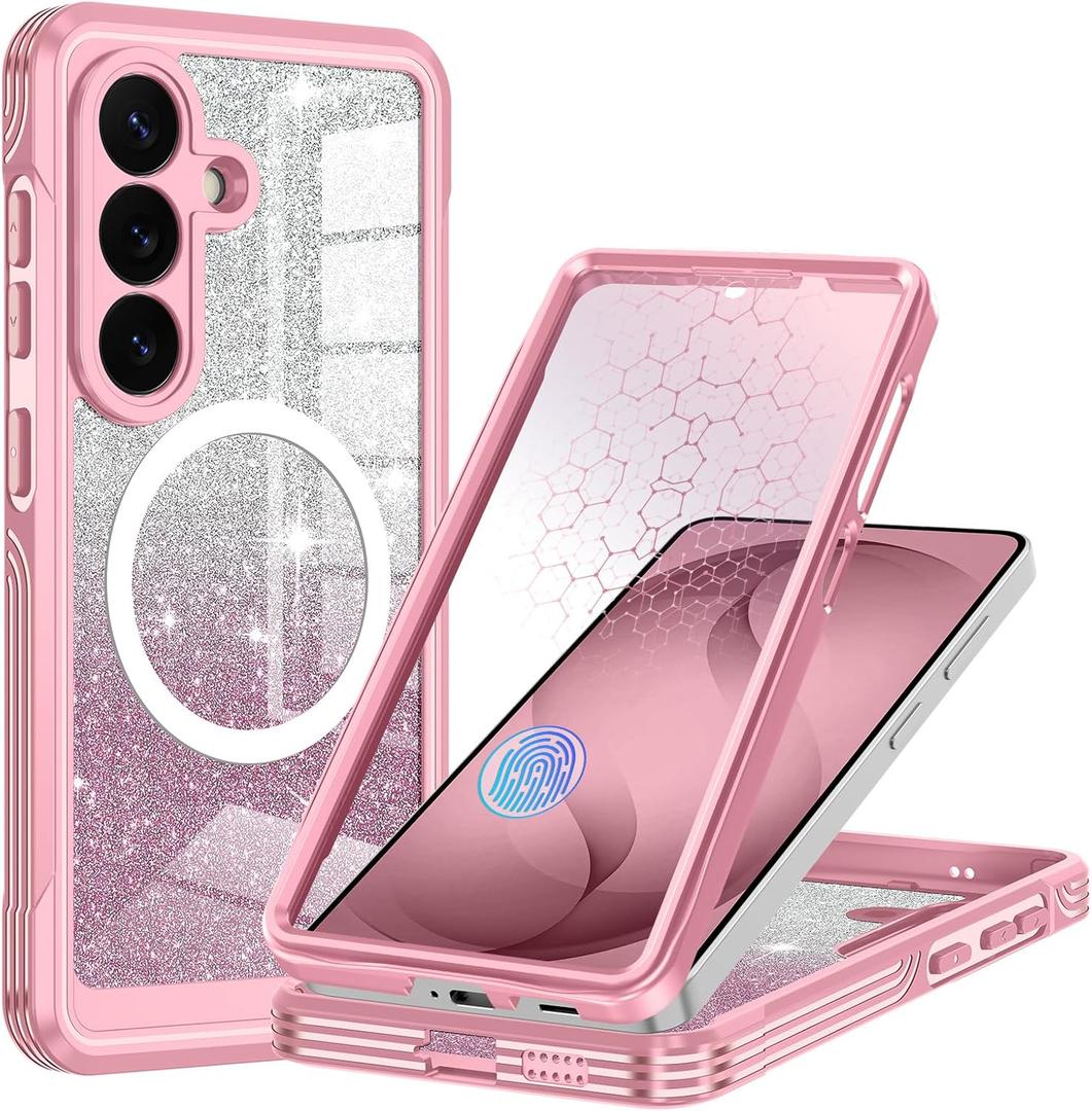 Hekodonk for Galaxy S26 Plus Case Magnetic,[Compatible with Magsafe][Built-in Tempered Glass Screen Protector] [Glitter Card] Full Body Bling Case for Samsung Galaxy S26 Plus,Pink, 2 Pack