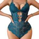 Avidlove Lingerie for Women Sexy Lace Bodysuit with Chain V Teddy Lingerie Rhinestone Cut Out One Piece Babydoll Nightgown (Large, Peacock Blue)