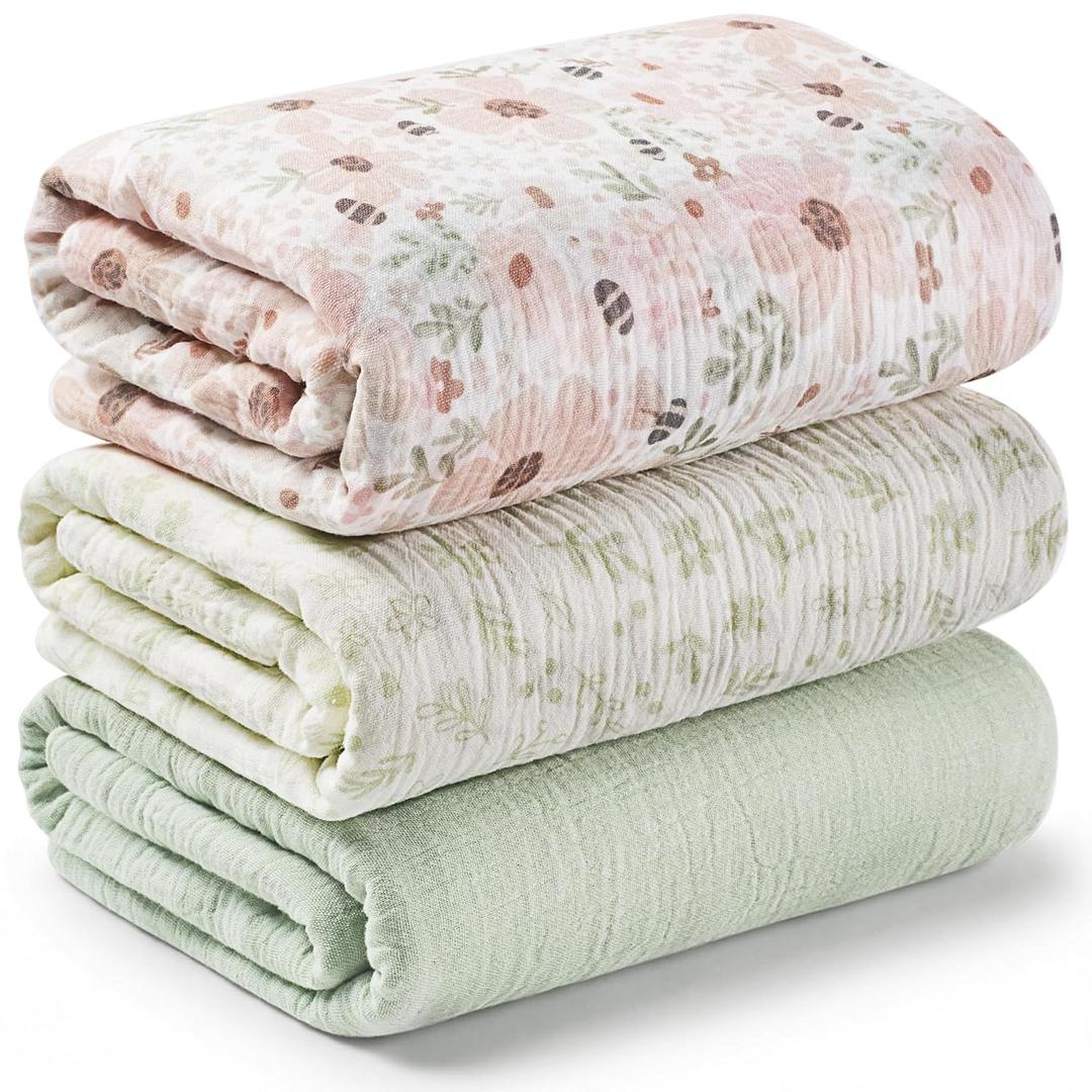 3-Pack Muslin Swaddle Blankets for Newborns Boy,Girl 47x47 Large Cotton Muslin Baby Blanket, Nursery Swaddling, Neutral, Soft, Breathable, Light Infant Baby Receiving Cover (Flora Vale, Regular)