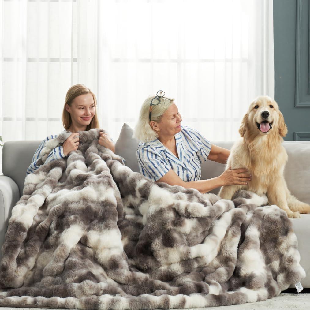 Cozy Bliss Faux Fur Throw Blanket for Couch, Fuzzy Soft Plush Thick Bubble Blanket for Sofa Bedroom Living Room, 60 * 80 Inches Tie-dye Taupe, Twin