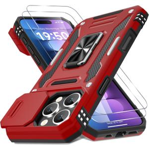 DEERLAMN Case for iPhone 16 Pro with Slide Camera Cover+Screen Protector(2 Packs), Rotated Ring Kickstand Military Grade Shockproof Protective Cover-Red