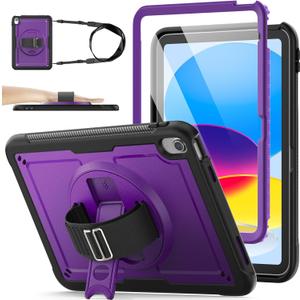 SEYMAC stock Case for iPad A16 11-inch Case 2025/ for iPad 11th/ 10th Generation 10.9'' 2022, Protective with Screen Protector, Pen Holder, Rotate Stand, Loop Nylon Hand Strap, Shoulder Strap, Purple