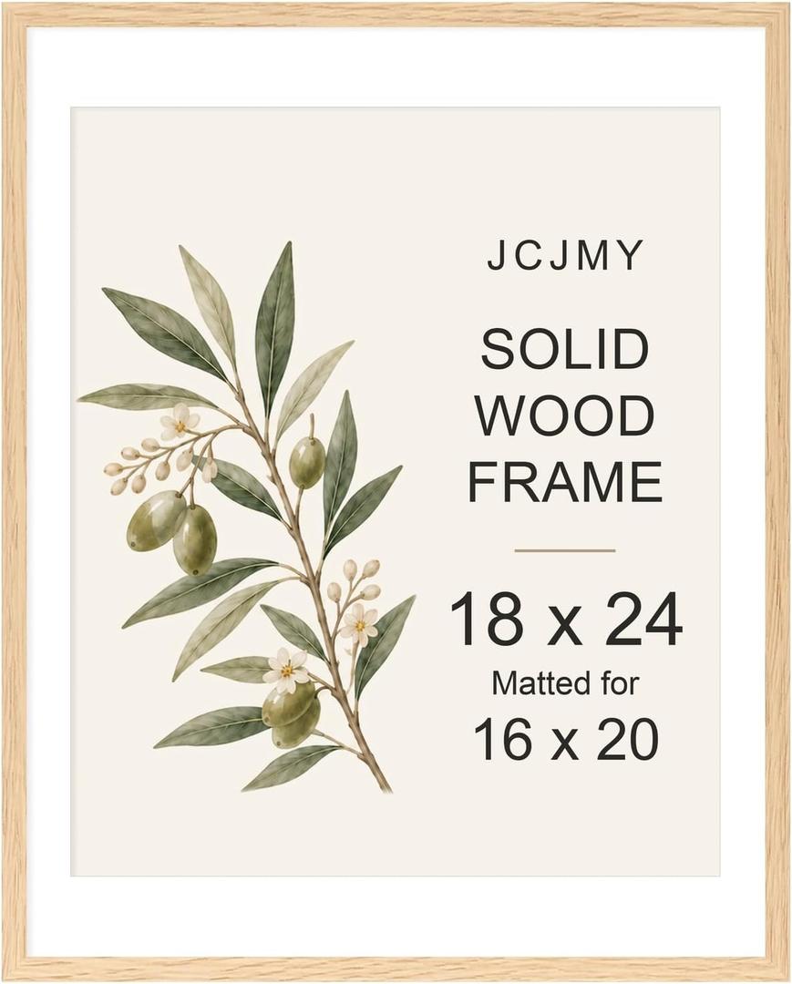 JCJMY 18x24 Solid Wood Picture Frame, Display 16x20 with Mat or 18 x 24 without Mat, Wooden 18 by 24 Photo Frame with Shatter Resistant Plexiglass for Wall Hanging, Natural, 1 Pack
