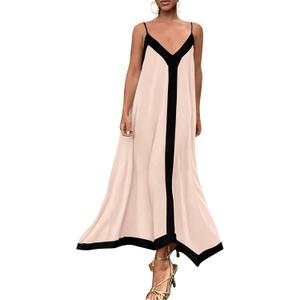 PRETTYGARDEN Women's 2025 Summer Maxi Dress Sleeveless V Neck Spaghetti Strap Flowy Elegant Holiday Party Dresses (Beige, Small)
