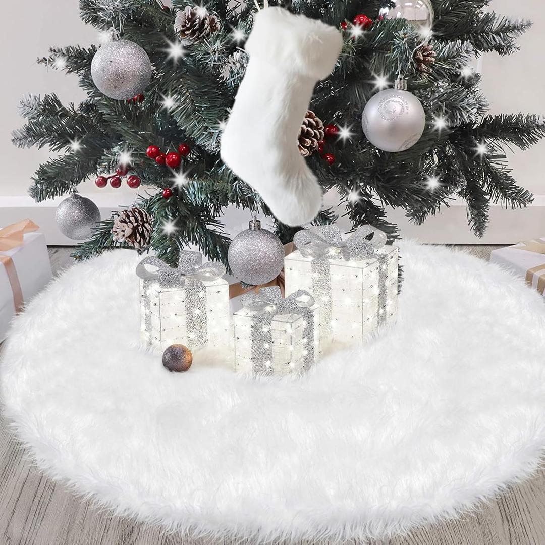 White Fur Christmas Tree Skirt, 21 inch Small Furry Snow White Christmas Decorations for Pencil Slim 4 Ft Tree, Soft Fluffy Faux Fur Tree Rug for Winter Holiday Decor