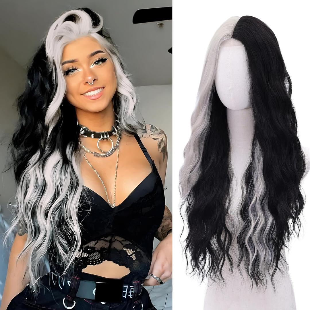WECAN Black and White Wig-Long White and Black Wigs for Women Natural Wavy Synthetic Wig Heat Resistant Fiber Wigs for Daily Party Halloween Cosplay (28 Inch)