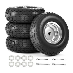 4.10/3.50-4 Tire and Wheel Flat Free, 10 Inch Solid Rubber Tire with 5/8”Axle Bore Hole and Double Sealed Bearings, for Dolly Wheels/Hand Truck Wheels/Dump Cart,Pack of 4 