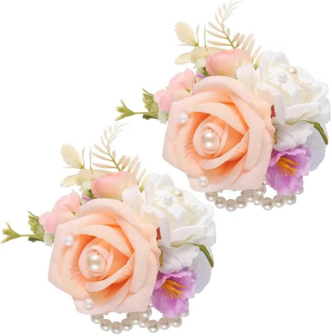 Wrist Corsage and Boutonniere Set, Artificial Rose Corsage Wristlet and Boutonniere for Wedding Prom Party (Champagne, 2pcs Wrist Corsage)