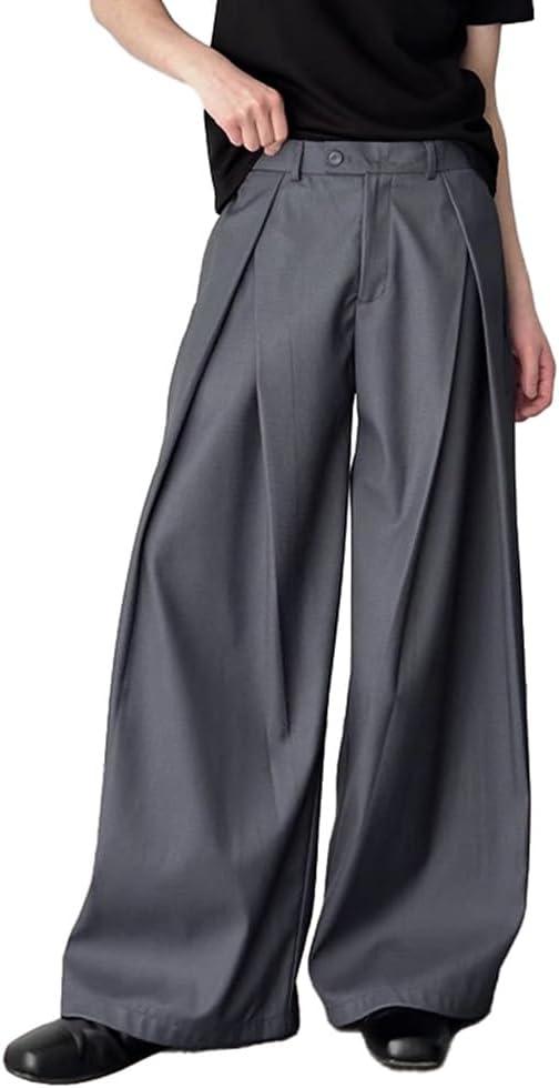 THWEI Men's Baggy Wide Leg Pants Zipper Fly Pleated Trousers Casual Dress Pants with Pocket (Large, Grey)
