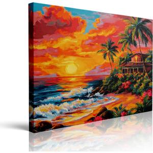 Beach Sunset Canvas Wall Art Framed Tropical Ocean Painting Prints Posters Wrapped Canvas Wall Decor Palm Tree Coastal Artwork for Living Room Bedroom Bathroom Office Vacation Home Gift 16x24 Inches