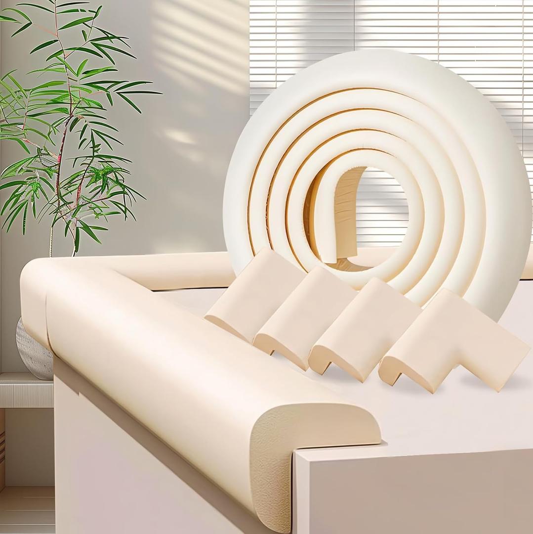 Baby Proofing Edge & Corner Protectors, White Foam L-Shape Self-Adhesive Bumper Strip + 4Corner Guards, Wall & Furniture Safety Bumpers for Nursery, Kitchen, Fireplace, Table, Desk